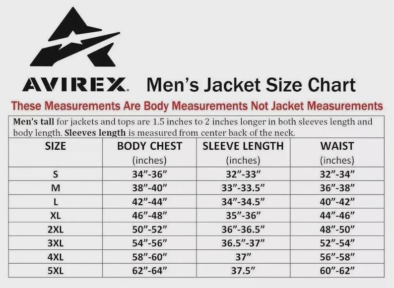 May include: A size chart for jackets, featuring the "AVIREX" logo. The chart provides body measurements in inches for chest, sleeve length, and waist, ranging from size S to 5XL. The text clarifies these are body measurements, not jacket measurements.