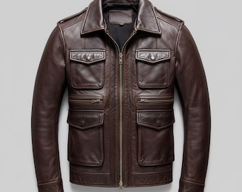 Rare Vintage Brown Luxury Leather Cargo Bomber Jacket | Gift for him | Aesthetic Look | Anniversary Gift | Gift for Dad