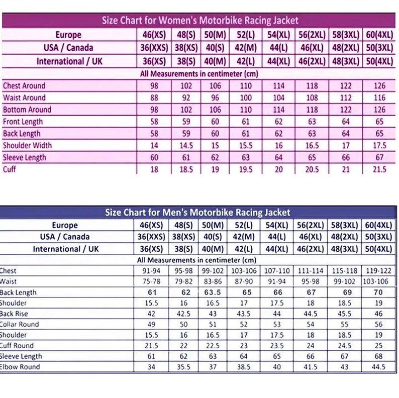 May include: A size chart for women's and men's motorbike racing jackets, displaying measurements in centimeters. The chart includes sizes from 46(XS) to 60(4XL) for Europe, USA/Canada, and International/UK sizing.