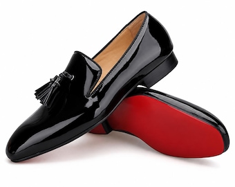 Mocasines de charol negro hechos a mano con borlas para hombre - Zapatos formales de vestir con suela roja