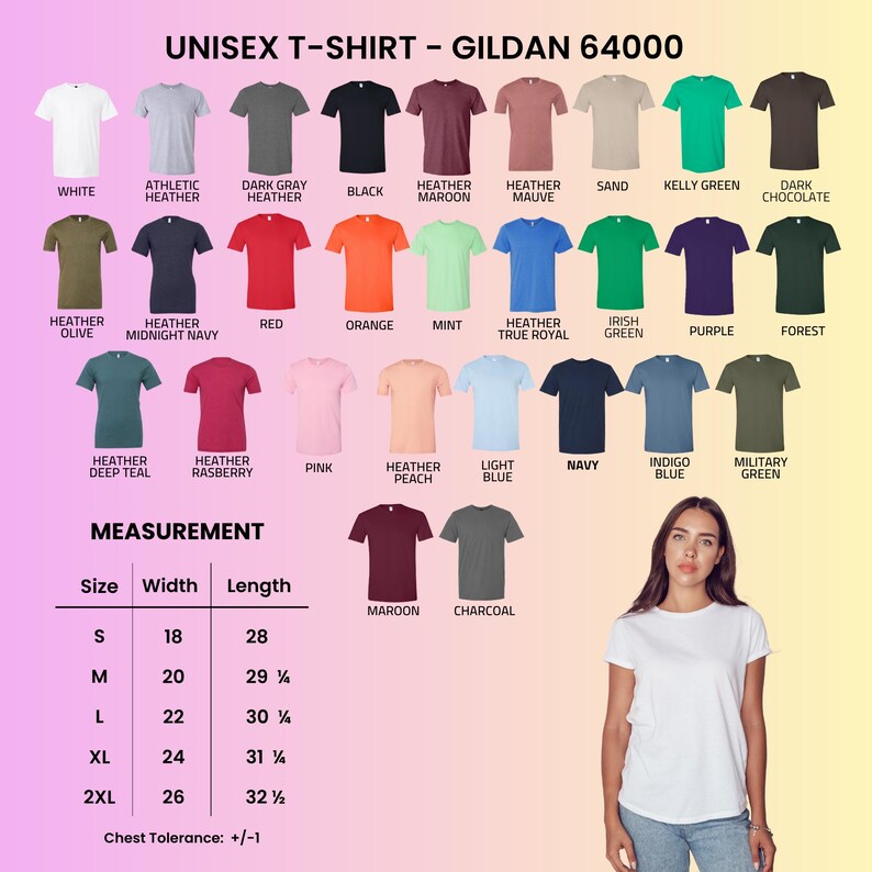 Pode incluir: Uma variedade de camisetas unissex Gildan 64000 em v&aacute;rias cores, incluindo branco, preto e cinza mesclado. As medidas s&atilde;o fornecidas em polegadas para os tamanhos S a 2XL. A imagem tamb&eacute;m mostra uma mulher vestindo uma camiseta branca.