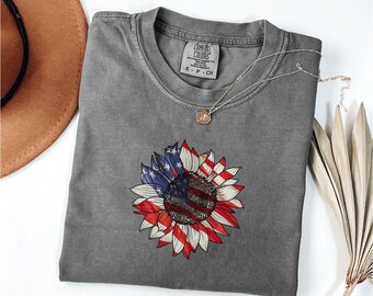 Patriotic Sunflower Shirt, American Flag Sunflower Tee, Fourth of July Shirt, USA Flower Shirt, Independence Day Tee, Red White Blue Shirt