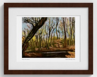 Winter Woodland Framed Art Print, Pastel Drawing, 14" x 11"
