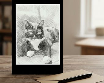 Fine Art Greetings Card, Classic Cat Drawing for Cat Lover