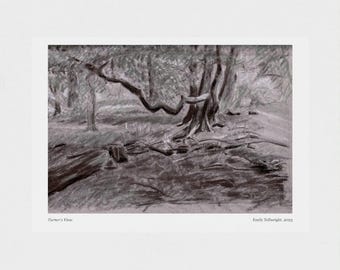 Mysterious Winter Woodland Scene, Charcoal Drawing, A4