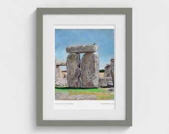 Stonehenge Summer Framed Art Print, Pastel Drawing, World Heritage Site Souvenir, 11" x 14"
