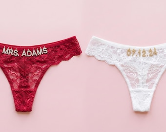 Custom Name Thong with Gold or Silver Letters, Personalized Lace Lingerie, Bachelorette Party Gift, Bride to Be, Anniversary Present for Her
