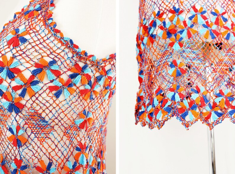 Beach Dress Cover Up Size Small Vintage 1970/'s Crochet Knit Macrame Dress Boho Body Con Dress