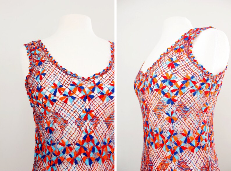 Beach Dress Cover Up Size Small Vintage 1970/'s Crochet Knit Macrame Dress Boho Body Con Dress