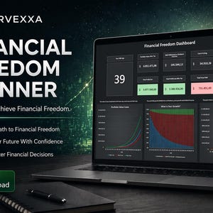 May include: A laptop displays a financial freedom dashboard with charts and data. The screen shows the text "Financial Freedom Planner" and "Plan Today. Achieve Financial Freedom." A notebook and pen are in the foreground. The image promotes financial planning.