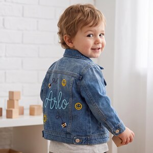 Kids Hand Embroidered Denim Jacket, Custom Name Jean Outerwear, Toddler Floral Design
