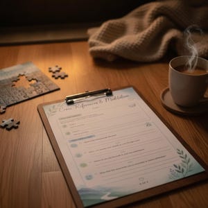 Pode incluir: Uma prancheta de madeira segurando uma folha impressa intitulada Cross References & Meditation, com seções para reflexão, análise de versículos e notas, decorada com ilustrações botânicas azuis e verdes e um gráfico de paisagem montanhosa.