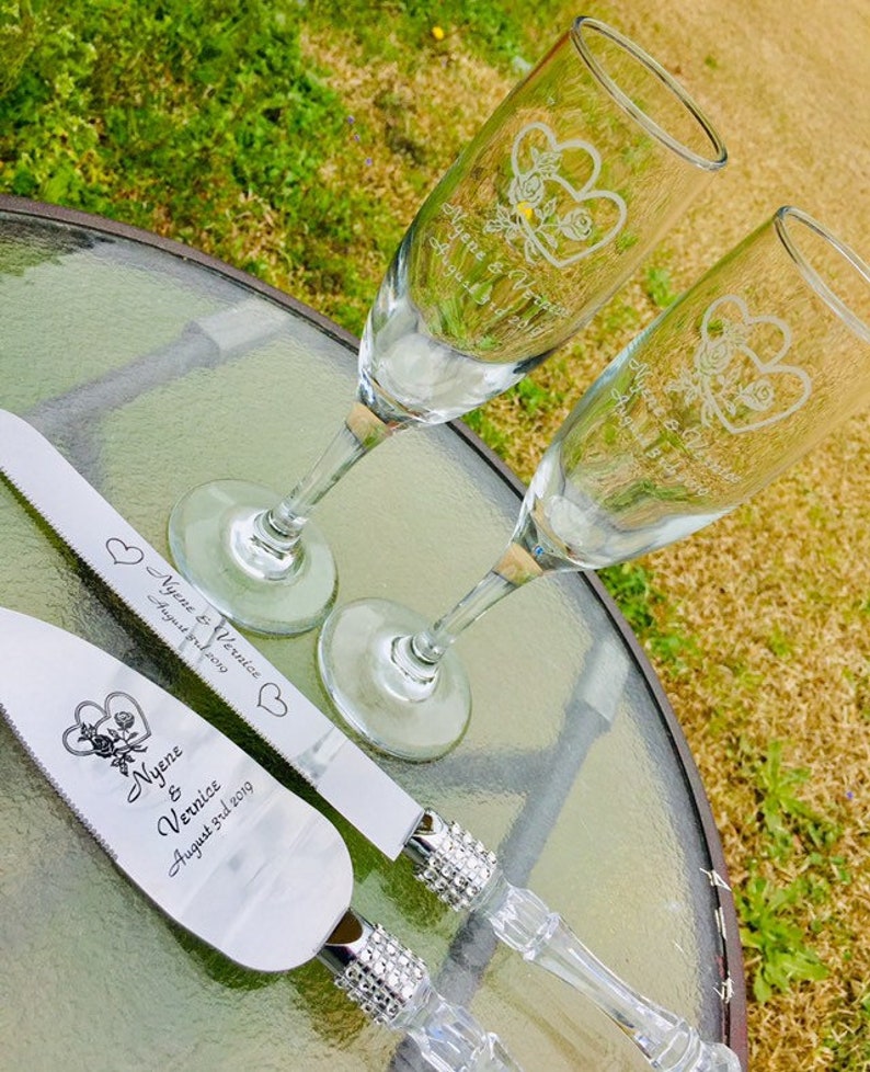 Personalized Wedding Party Cake Knife Server Set Faux Crystal Etsy