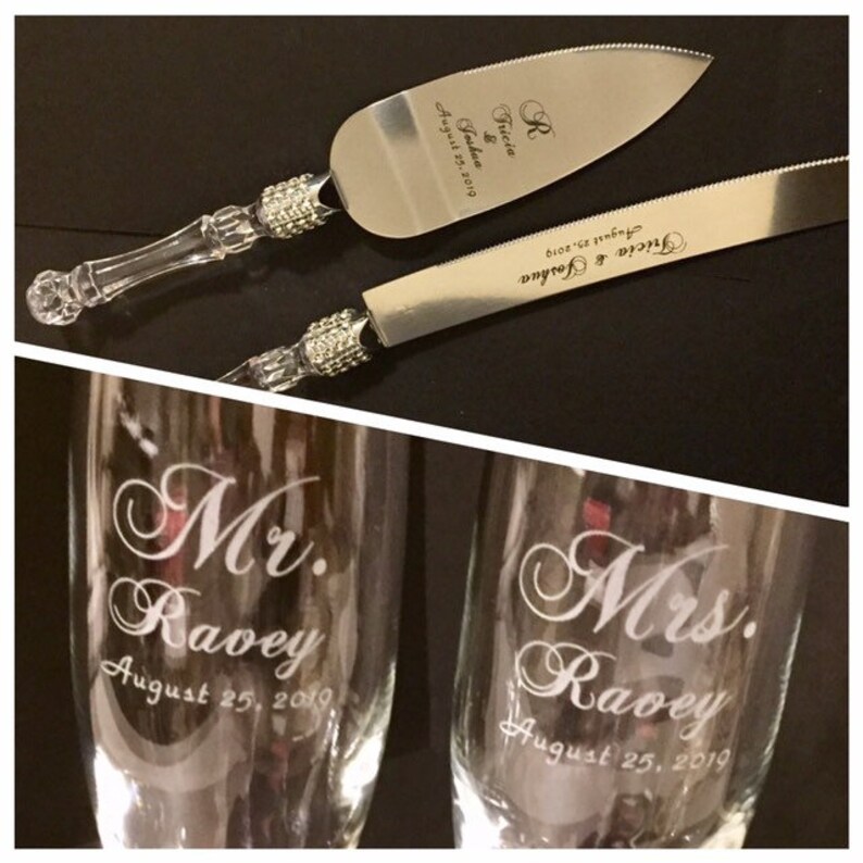 Personalized Wedding Party Cake Knife Server Set Faux Crystal Etsy