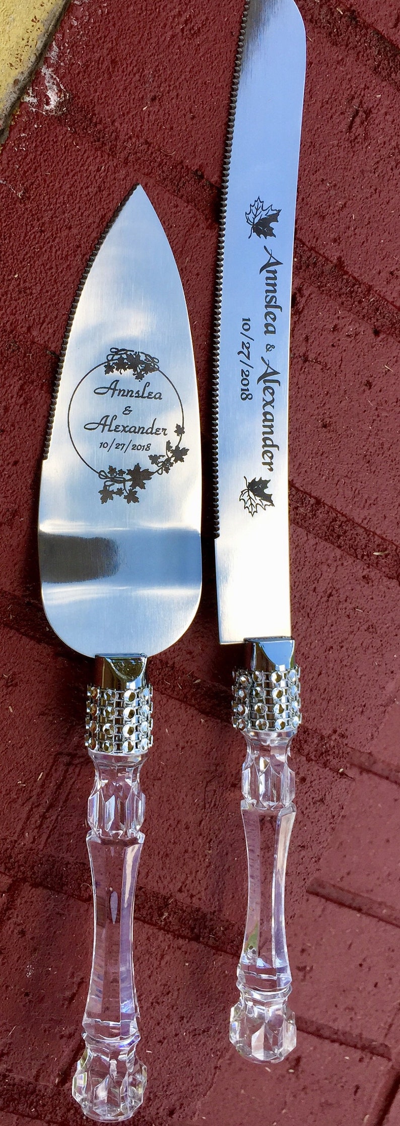 Personalized Wedding Party Cake Knife Server Set Faux Crystal Etsy