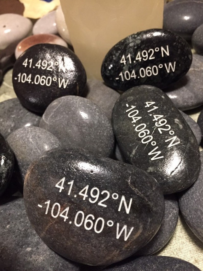 Custom Coordinates GPS LOCATION Engraved 2 3 Inch Etched Rock Etsy