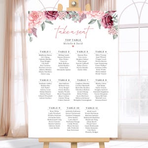 May include: A wedding seating chart sign featuring a white background with floral illustrations in shades of pink, burgundy, and green at the top. The text reads Take a seat, Top Table, Michelle & David, and lists guest names for tables 1 through 11.