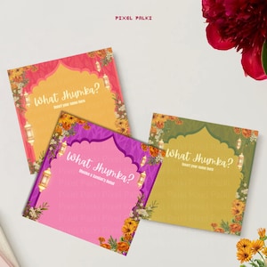 Puede incluir: Tres tarjetas de invitación cuadradas con diseños florales y de linternas. Cada tarjeta tiene el texto "What Jhumka?" y espacio para insertar un nombre. Las tarjetas son en tonos de rosa, naranja y verde.