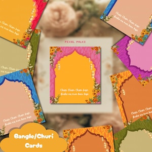 Può includere: Una collezione di biglietti Bangle/Churi colorati con disegni floreali e ad arco. Le carte presentano testo in un carattere di scrittura. Le carte sono nelle tonalità del rosa, arancione, verde e blu, con accenti floreali.