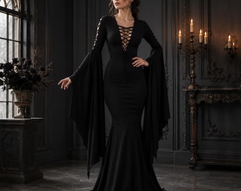 Zwarte gotische trouwjurk, zeemeerminjurk, vampierbruid, donkerromantische elegantie
