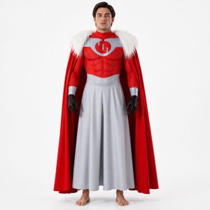 May include: A superhero costume featuring a red bodysuit with a silver emblem, a white fur collar, and a flowing red cape. The costume includes gray pants and black gloves. The person is barefoot.