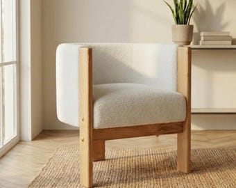 Lounge chair in raw solid wood & ecru cushions – Minimalist design / wabi-sabi