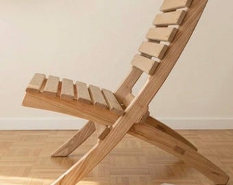 Lounge chair in raw solid wood & ecru cushions – Minimalist design / wabi-sabi