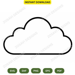 May include: A black outline of a cloud shape centered on a white background. Above the cloud, the text reads INSTANT DOWNLOAD. Below the cloud, five green rounded rectangles contain the text SVG, DXF, PNG, EPS, and PDF respectively.