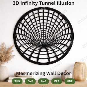 Pode incluir: Decoração de parede circular preta com uma ilusão de túnel infinito 3D. O design utiliza um padrão de grade para criar um efeito visual cativante. O texto diz "3D Infinity Tunnel Illusion" e "Mesmerizing Wall Decor".