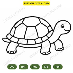 Puede incluir: Ilustración de tortuga de dibujos animados en blanco y negro. La tortuga tiene un caparazón segmentado, una cara sonriente y cuatro patas. La imagen incluye el texto "DESCARGA INSTANTÁNEA" y iconos de tipo de archivo.