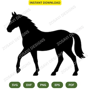 May include: A black silhouette of a horse in a walking stance, featuring a flowing mane and tail. The image includes the repeated watermark text ZOSAVI DESIGNS across the horse, with the text INSTANT DOWNLOAD at the top and file formats at the bottom.