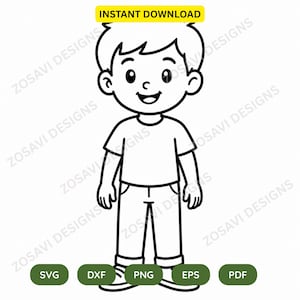 Peut inclure: Illustration en noir et blanc d'un garçon souriant en t-shirt et pantalon. L'image comprend le texte "INSTANT DOWNLOAD" et des icônes de type de fichier : SVG, DXF, PNG, EPS et PDF.