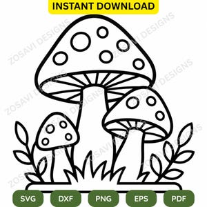 Könnte beinhalten: Schwarz-weiße Linienzeichnung von drei Pilzen mit gepunkteten Kappen, umgeben von Blättern und Gras. Das Bild enthält den Text "INSTANT DOWNLOAD" und Dateityp-Symbole: SVG, DXF, PNG, EPS und PDF.