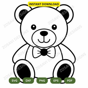 Puede incluir: Ilustración de oso de peluche en blanco y negro con pajarita. La imagen incluye el texto "INSTANT DOWNLOAD" en un rectángulo amarillo. Debajo del oso hay botones verdes con abreviaturas de tipo de archivo: SVG, DXF, PNG, EPS y PDF.