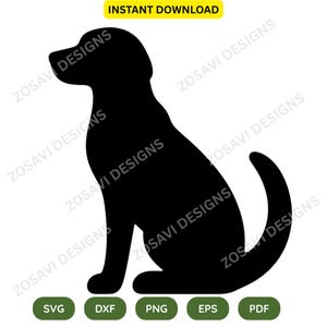 Puede incluir: Una silueta negra sólida de un perro sentado mirando hacia la izquierda. El texto ZOSAVI DESIGNS se repite por toda la imagen. En la parte superior, el texto dice INSTANT DOWNLOAD. Abajo, cinco círculos verdes contienen SVG, DXF, PNG, EPS y PDF.