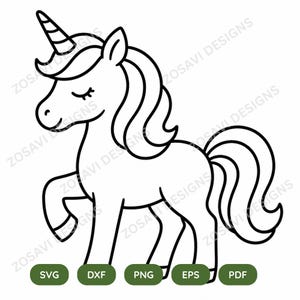 Può includere: Un disegno a tratto nero e bianco di un unicorno con un corno a spirale, una criniera e una coda fluenti. L'unicorno è in piedi con una zampa sollevata. Sotto, pulsanti verdi con le etichette SVG, DXF, PNG, EPS e PDF. Il testo "ZOSAVI DESIGNS" è ripetuto.