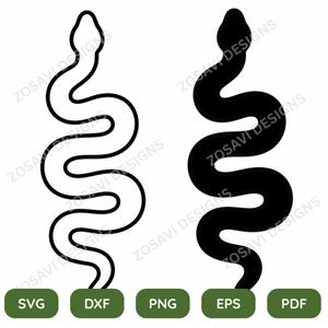Könnte beinhalten: Zwei Schlangenillustrationen, eine schwarz umrandet und die andere vollflächig schwarz, auf weißem Hintergrund. Die Schlangenmotive sind in einer wellenförmigen, serpentinenartigen Pose dargestellt. Darunter grüne rechteckige Schaltflächen mit den Bezeichnungen SVG, DXF, PNG, EPS und PDF. Der Text "ZOSAVI DESIGNS" wiederholt sich über das Bild.