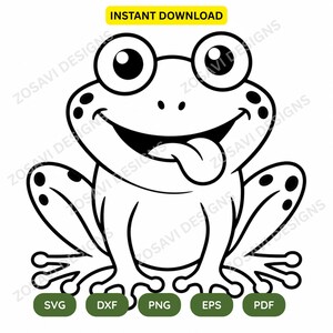 May include: Black and white cartoon frog illustration with large eyes and a smiling mouth, sticking out its tongue. The image includes the text "INSTANT DOWNLOAD" and file type options: SVG, DXF, PNG, EPS, and PDF.
