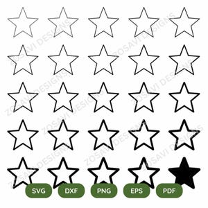 Può includere: Contorni di stelle in bianco e nero in vari stili, inclusa una stella riempita. L'immagine include etichette di tipo di file: SVG, DXF, PNG, EPS e PDF. È presente anche il testo "ZOSAVI DESIGNS".