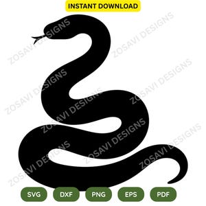 May include: A black silhouette of a snake in a coiled, S-shaped position with a forked tongue visible. The image includes the text INSTANT DOWNLOAD at the top and SVG, DXF, PNG, EPS, PDF at the bottom, with ZOSAVI DESIGNS watermarked across the graphic.