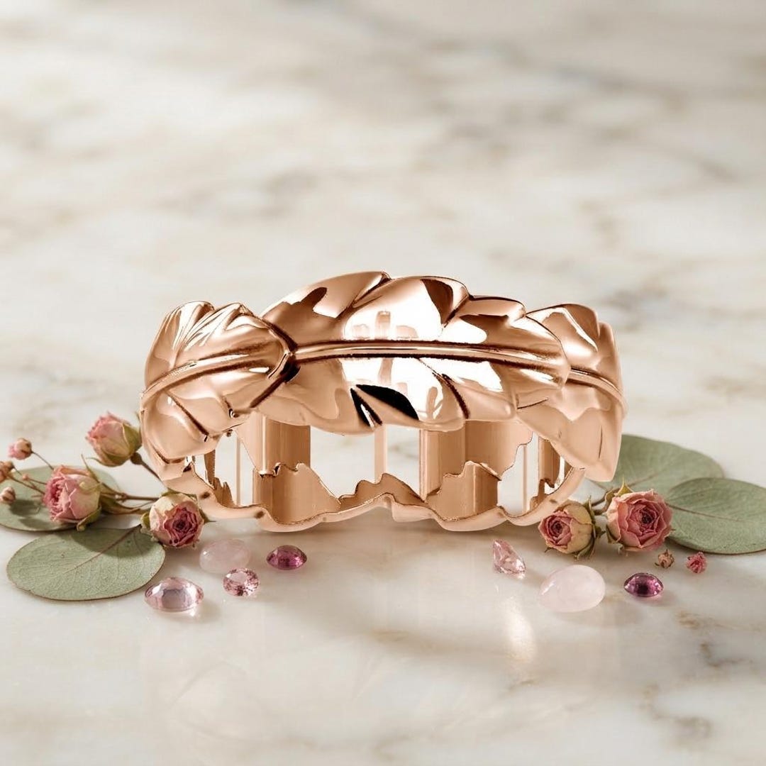 14k Gold Leaf Wedding Ring, Thick Band Laurel Ring, Botanical Gold 14k Gold Leaf Wedding Ring, Thick Band Laurel Ring, Botanical Gold