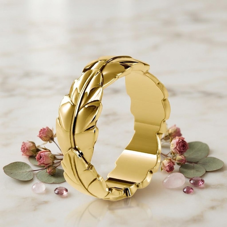 14k Gold Leaf Wedding Ring, Thick Band Laurel Ring, Botanical Gold 14k Gold Leaf Wedding Ring, Thick Band Laurel Ring, Botanical Gold