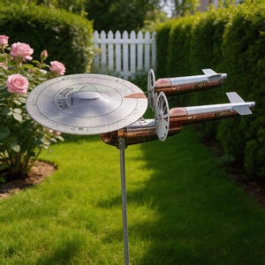 Puede incluir: Adorno de jardín metálico con forma de nave espacial retro-futurista. La parte superior plateada en forma de disco tiene detalles grabados y un asa central. Dos elementos con forma de cohete de cobre y plata se extienden desde la base.