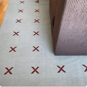 Blue Burgundy Cross Handwoven Scandinavian Design Wool Rug. Minimalist Nordic Geometric Flatweave Area Rug