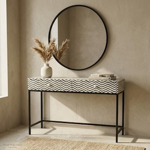 Handmade Bone Inlay Console Table, Black Chevron Entryway Desk, Modern Hallway Furniture with Drawers