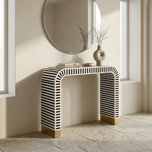 Handmade Bone Inlay Console Table, Arched Entryway Table, Modern Striped Hallway Console, Luxury Inlay Furniture, Statement Accent Table