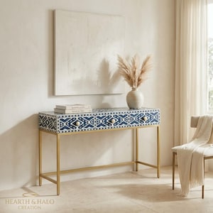 Handmade Blue Bone Inlay Console Table, Entryway Desk, Modern Hallway Furniture, Luxury Accent Table