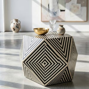 Handcrafted Geometric Bone Inlay Cube Table – Black Natural Accent Side Furniture