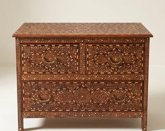 Bone Inlay Teak Wood Chest of Drawers – Handmade Indian Dresser, Luxury Wooden Storage Cabinet, Artisan Bedroom Furniture