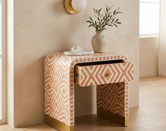 Handmade Bone Inlay Side Table Peach Geometric Bedside Table Modern Boho Furniture